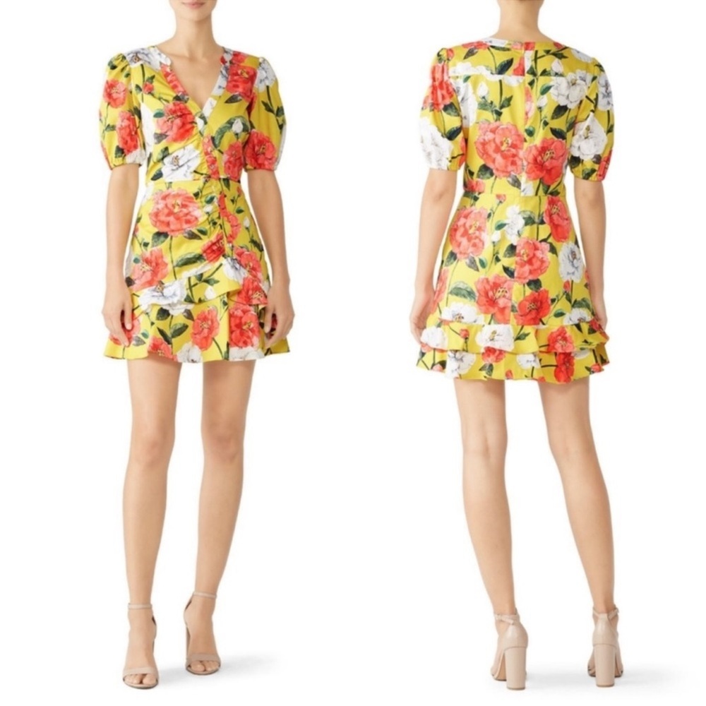 Parker Minna Yellow Floral Puff Sleeve Wrap Mini Dress Size 4